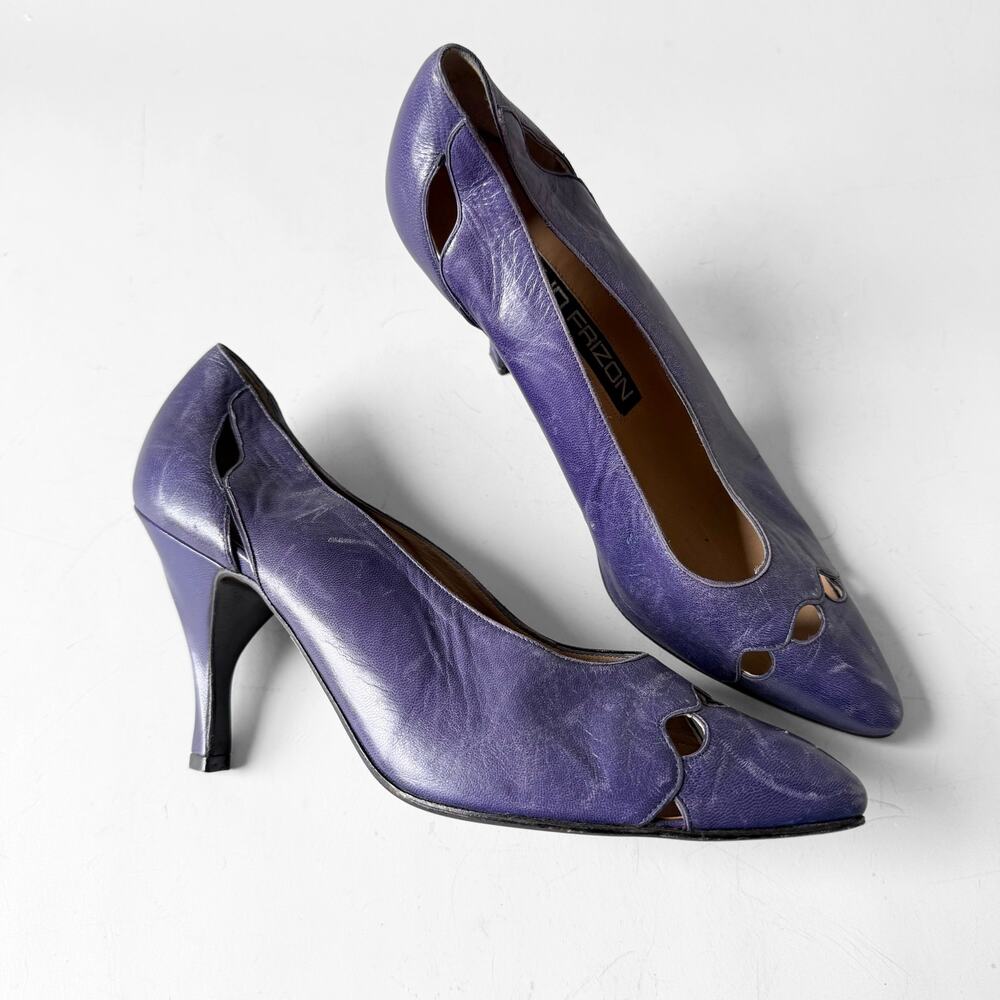 80s MAUD FRIZON Purple Leather Pumps Stiletto Heel New Wave Cut-Out Toe Italy 38